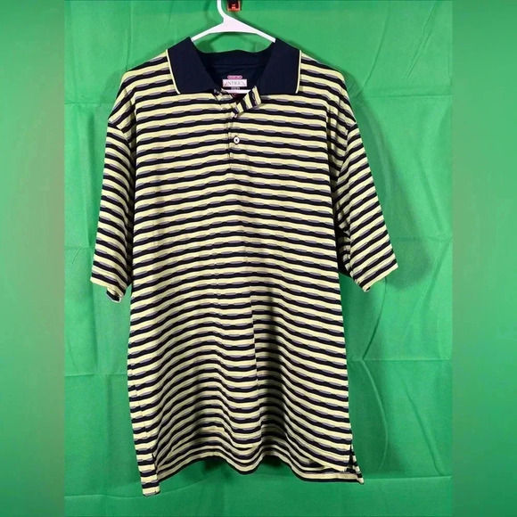Antigua Gold Polo Shirt - Mens Size L green striped Collar Short Sleeve - Picture 1 of 8